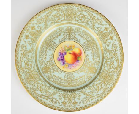 Royal Worcester painted fruit cabinet plate with gilded decoration on a pale blue ground, signed Weston, diameter 27cm