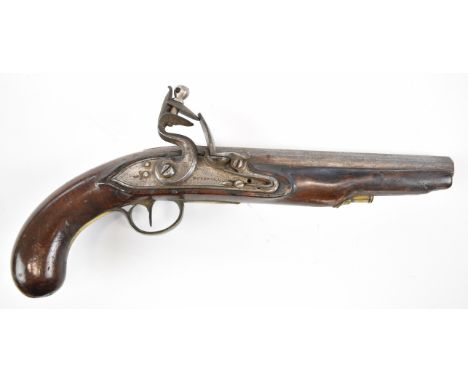Goodwin &amp; Co flintlock hammer action pistol with named and engraved lock, engraved brass trigger guard and mounts and 8 i