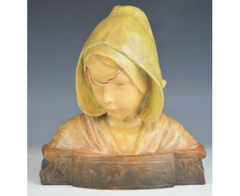 Goldscheider Art Nouveau bust of a young Dutch / Austrian girl, signed Vansteen verso and impressed 2398, 275 and 7, H23cm