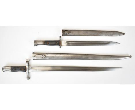 Mauser bayonet with split wooden grips, 30cm fullered straight blade and scabbard, together with a continental example with 4
