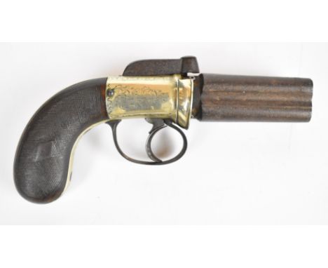 English four-shot percussion bar hammer action pepperbox pistol / revolver with engraved lock, hammer and trigger guard, cheq