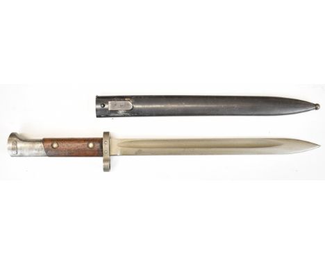 Austrian bayonet 1895 pattern bayonet with&nbsp;wooden grips,&nbsp;30cm single edged blade and scabbard.&nbsp;PLEASE NOTE: WE