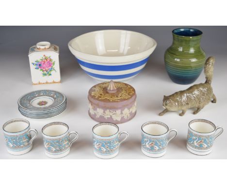 T G Green twin handled mixing bowl, ribbed Moorcroft vase, Wedgwood lilac Jasperware covered pot, Wedgwood coffee cans and sa