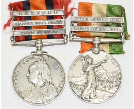 Queen's South Africa Medal with clasps for Cape Colony, Orange Free State and Belfast named to 172 Pte F H Crinks, 14th Hussa