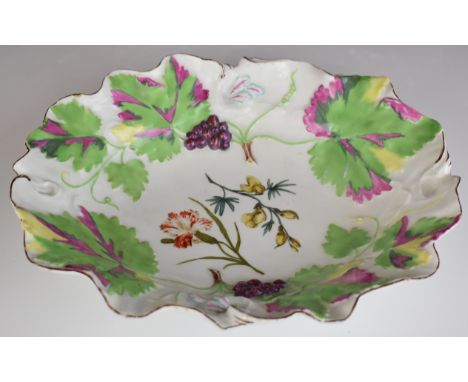 Chelsea porcelain&nbsp;18thC red anchor period dish, with relief moulded grape and vine and floral decoration, c1755, L26cm