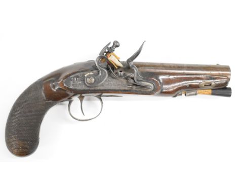 Dunderdale Mabson &amp; Labron flintlock coat pistol with named and engraved lock, engraved hammer, thumb slide safety, trigg