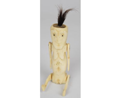 19thC African tribal carved bone fertility figure of a lady with rivetted movable arms and legs, H17cm
