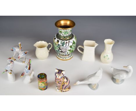 Hollohaza bird figures, Royal Crown Derby Imari cat, Belleek vase / jug, cloisonn&eacute; vase and canister etc., tallest 20c