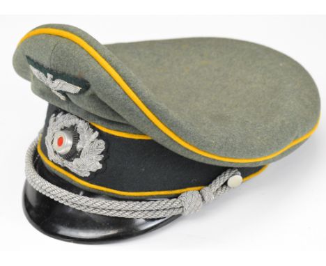 German WW2 Nazi Third Reich officer's green peaked cap, with yellow piping to surround and VRL to sweat band