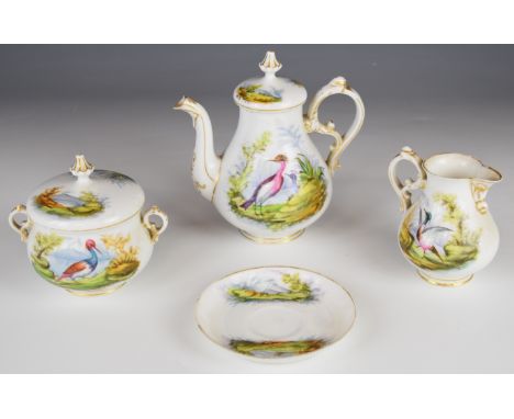 19thC porcelain tea pot, covered sucrier, cream jug and saucer decorated with exotic birds in the manner of Chelsea, tallest 