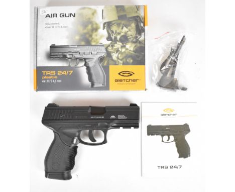 Gletcher TRS 24/7 .177&nbsp;CO2&nbsp;air pistol with monogrammed and rubber grips, multi-shot magazine and fixed sights, seri