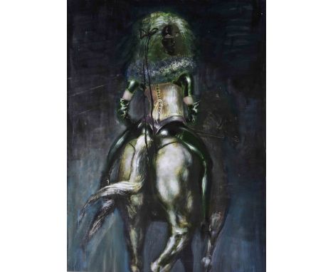 Harald K. SCHULZE (1952)"Domina auf dem Pferd"Gemälde - Öl auf Malkarton, 79,5 cm x 58,5 cm,oben mittig signiert und datiert 
