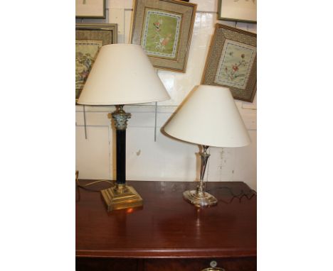 A brass and black metal classical column table lamp on stepped square base, 46cm, and a Robert Adam style silver plated urn a