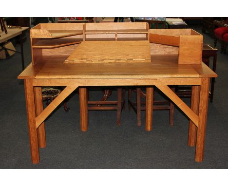 A bespoke Edward Hopkins English ash writing desk, with rectangular top section of shelves, pigeon holes and book rest enclos