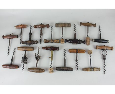 A collection of wooden handled corkscrews including a 19th century Matt Perkins Codd bottle opener marked Coney's Patent; a G