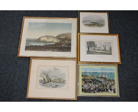 Four 19th century coloured engravings depicting scenic views, to include Norris Castle, Isle of Wight, 13cm by 20cm, and Port