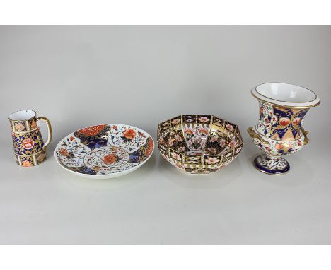 A Royal Crown Derby porcelain octagonal bowl, a Bloor Derby urn (a/f), a Derby plate, and a Spode jug, all in the Imari patte