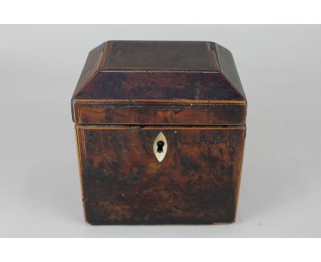 A George III burr wood tea caddy, rectangular shape with chamfered lid (a/f), 12cm