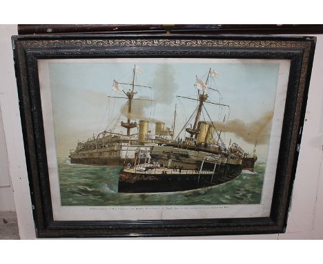 Naval interest, a colour print depicting two sailing vessels, 'Collision between HMS Victoria and HMS Camperdown, off Tripoli