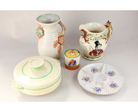 A Clarice Cliff Bizarre crocus pattern preserve pot (lid repaired), a Clarice Cliff vase with moulded floral handles, 22cm, C