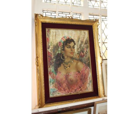 Ilio Giannaccini (Italian, 1897-1968), portrait of a gypsy woman, dressed in scarves and jewellery, oil on canvas, signed and