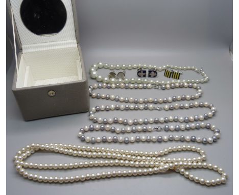 Two white and grey pearl necklaces, two other necklaces and three pairs of cufflinks 