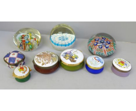 Three glass paperweights and six trinket boxes 