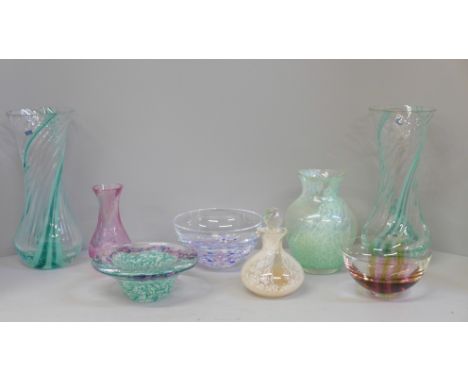 Four Caithness glass vases, (one pair), three bowls and a scent bottle **PLEASE NOTE THIS LOT IS NOT ELIGIBLE FOR POSTING AND