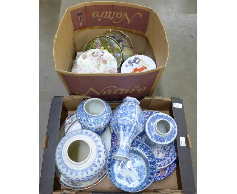 Two boxes of mixed china including blue and white oriental, a box of china and enamel thimbles, ginger jar, tea cannister, et