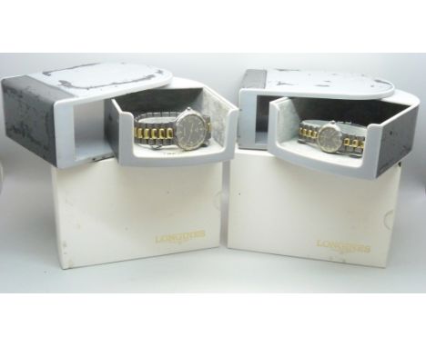 A pair of lady's and gentleman's Longines Conquest Titanium wristwatches, cased, (gentleman's with spare links), boxes a/f 
