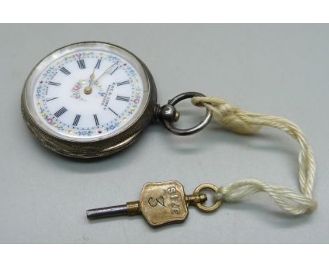 A .935 silver fob watch with enamel dial marked Kay &amp; Company, Worcester, with key 