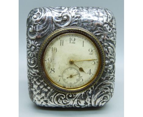 A silver fronted travel clock, Birmingham 1900, 77mm x 65mm 