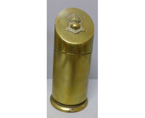 A brass trench art table lighter, 14cm 