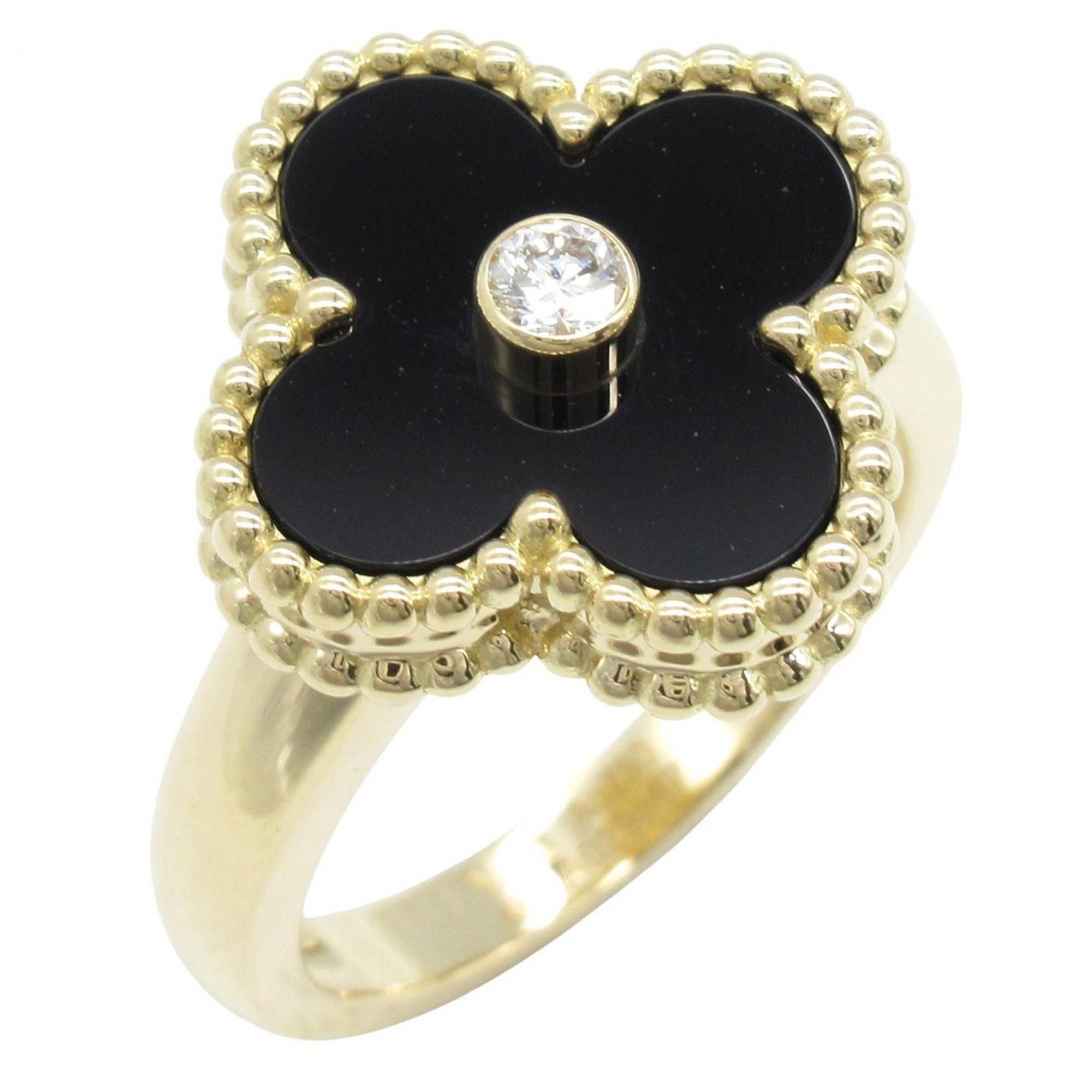Van Cleef & Arpels Vintage Alhambra Ring, 1PD, Onyx, Diamond, 18K Yellow Gold, Women's, Black, Clear