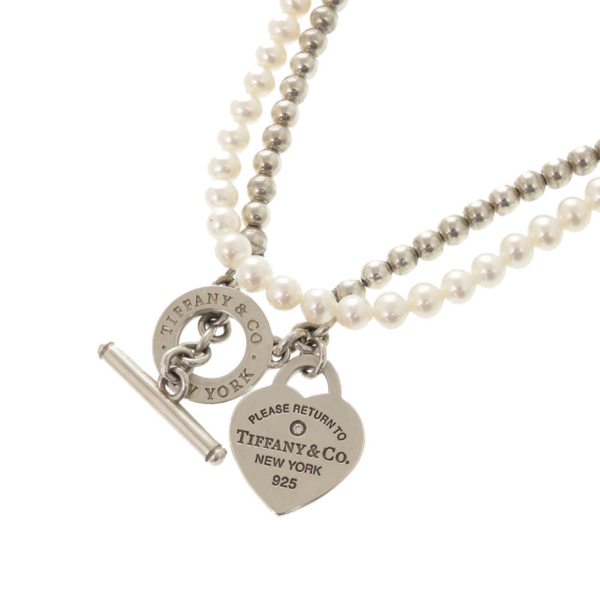 Excellent condition Tiffany Return to Wrap Silver 925 Pearl and Diamond Necklace Jewelry 0393