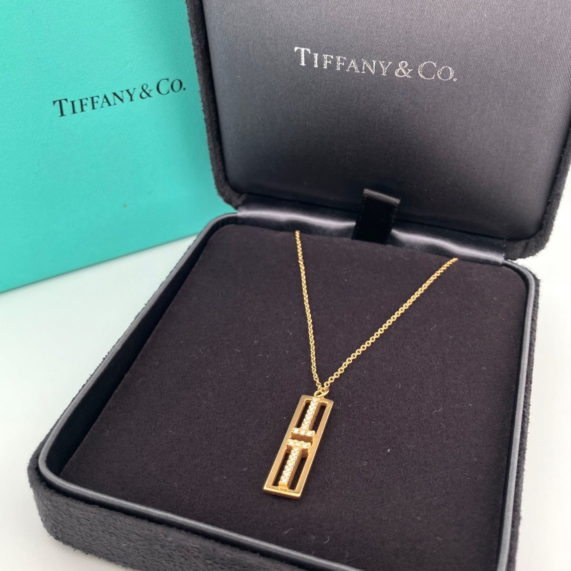 TIFFANY & CO. Tiffany T Two Open Vertical Bar 750YG Necklace with Diamonds