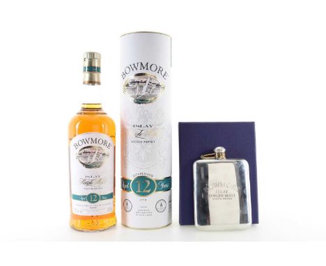 BOWMORE 12 YEAR OLD AND BOWMORE HIP FLASK ISLAY SINGLE MALT  40% ABV / 70clBranded Bowmore Hip Flask, engraved on the back "R