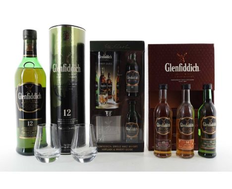 GLENFIDDICH 12 YEAR OLD AND TWO GLENFIDDICH MINIATURE GIFT PACKS SPEYSIDE SINGLE MALT  Glenfiddich 12 Year Old - 40% ABV / 70