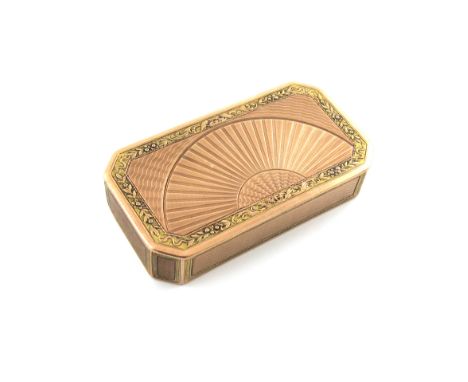 A 19th century Austrian vari-coloured gold snuff box, maker's mark of P.G, Vienna circa 1830, rectangular form, canted corner