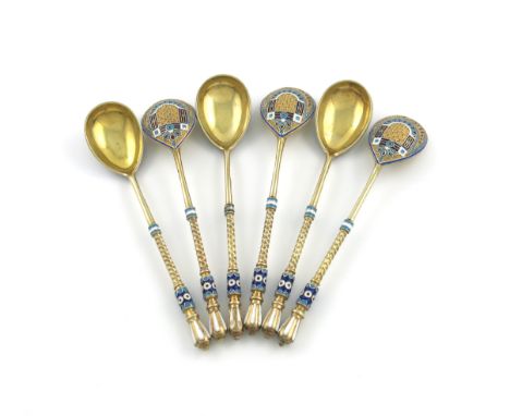 A set of six late-19th century Russian silver-gilt and enamel teaspoons, Moscow 1886, assay master Ivan Konstantinov, with va