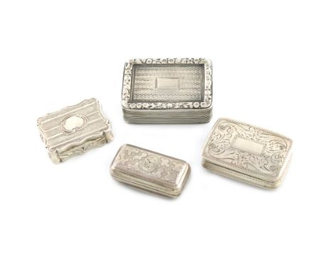 A small collection of four 19th century silver vinaigrettes, comprising: one by Thomas Bartleet, Birmingham 1820, rectangular