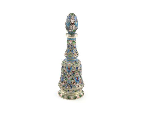 A silver and enamel scent flask, by Ivan Saltykov, Moscow circa 1890, tapering circular form, with vari-coloured enamel decor