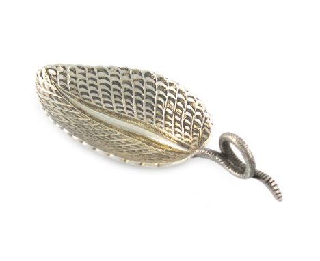 A Victorian cast silver caddy spoon, by George Adams, London 1862, leaf form, simulated snake ring handle, length 7.8cm, appr