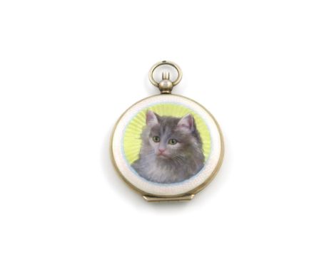 A silver and enamel compact, with import marks for London 1920, importer's mark of EN, circular form, enamelled with a cat, w