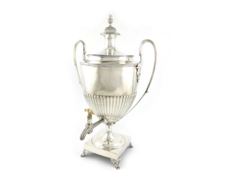 λA George III silver tea urn, by William Fountain, London 1794, urn form, part fluted decoration, leaf capped reeded scroll h