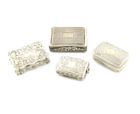 A small collection of four 19th century silver vinaigrettes, comprising: one by Thomas Shaw, Birmingham 1834, rectangular for