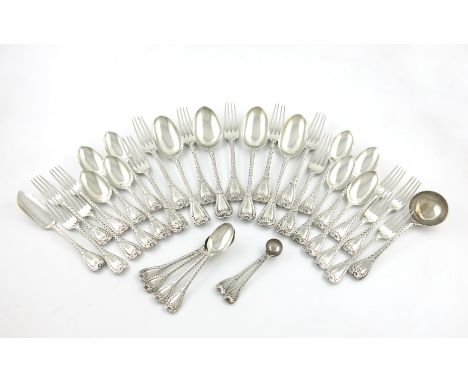 A Victorian silver part canteen of Palm pattern flatware, by George Adams, London 1866 and 1875, the terminals with a monogra