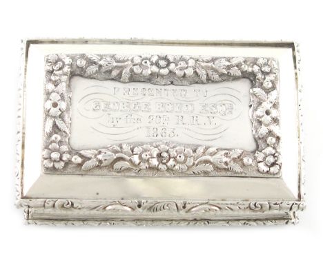 A Victorian presentation silver erotic snuff box, by Francis Clarke, Birmingham 1845, rectangular form, the hinged cover with