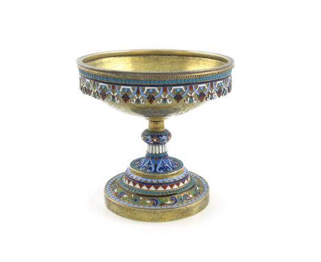 A late-19th century Russian silver-gilt and enamel tazza, by Ivan Saltykov, Moscow circa 1890, assay master A. Artsybashev, c