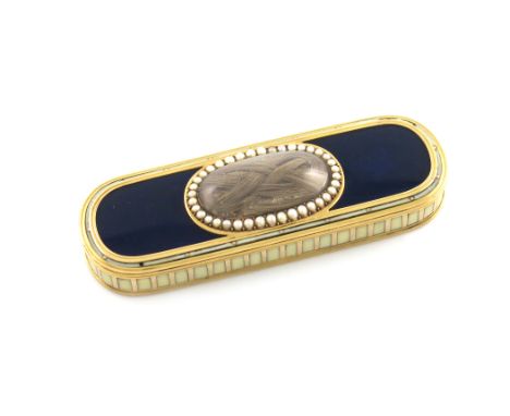 λA George III gold, enamel and ivory toothpick box, unmarked, rounded rectangular form, the hinged cover with blue enamel, iv